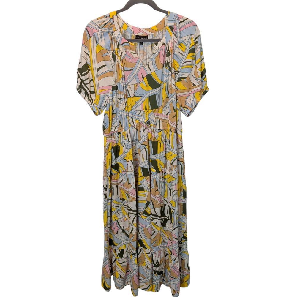 Lane Bryant Women's Plus Sz 24 Colorful Notch Neck Tiered Maxi Dress Blue Yellow